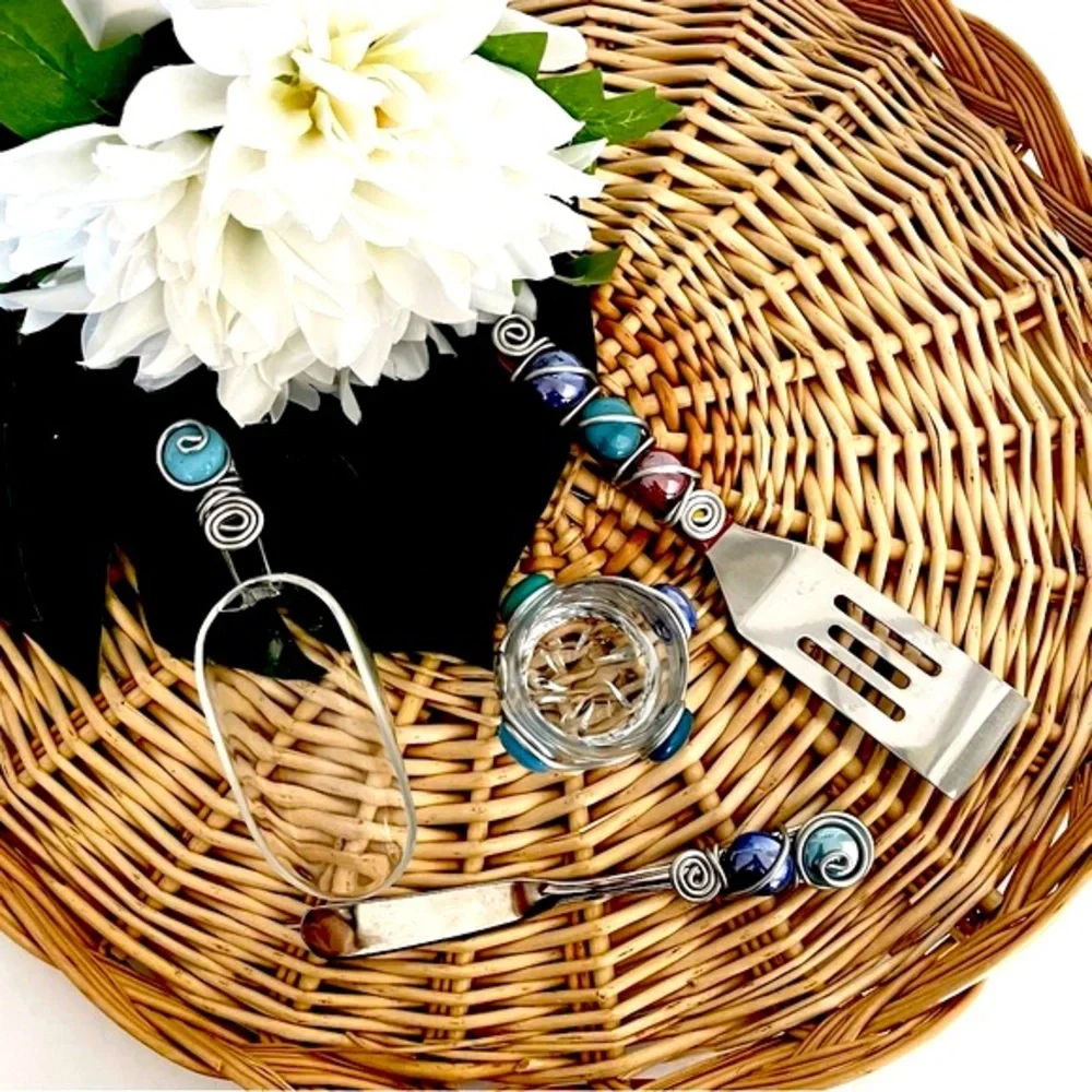 Handcrafted beaded 4 piece wire set spatula, cup, scooper, spreader set Artisan